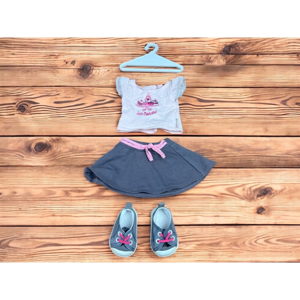 American Girl 18" Let's Celebrate Shirt Gray Skirt Gray Tennis Shoes Pink Laces